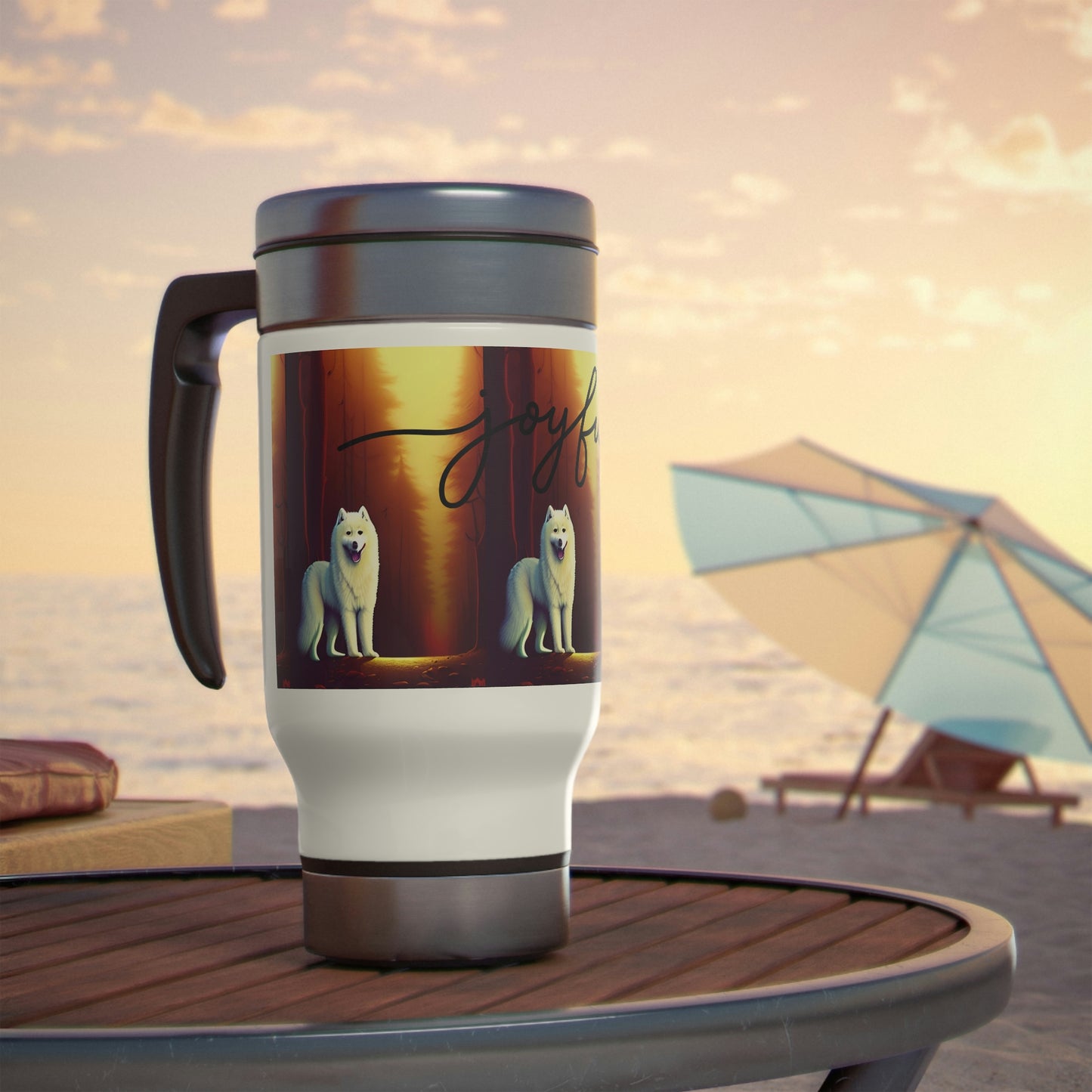 Joyful Forrest Samoyed Stainless Steel Travel Mug with Handle, 14oz