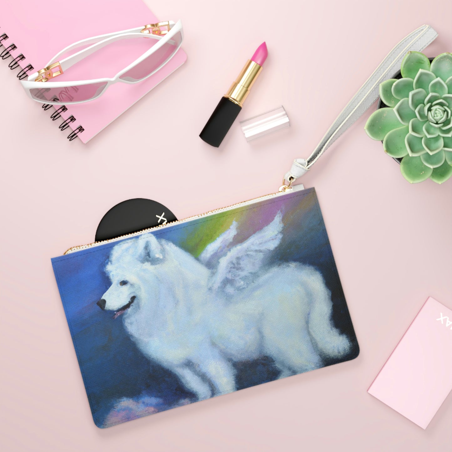 Angel Samoyed on Rainbow Bridge Clutch Bag