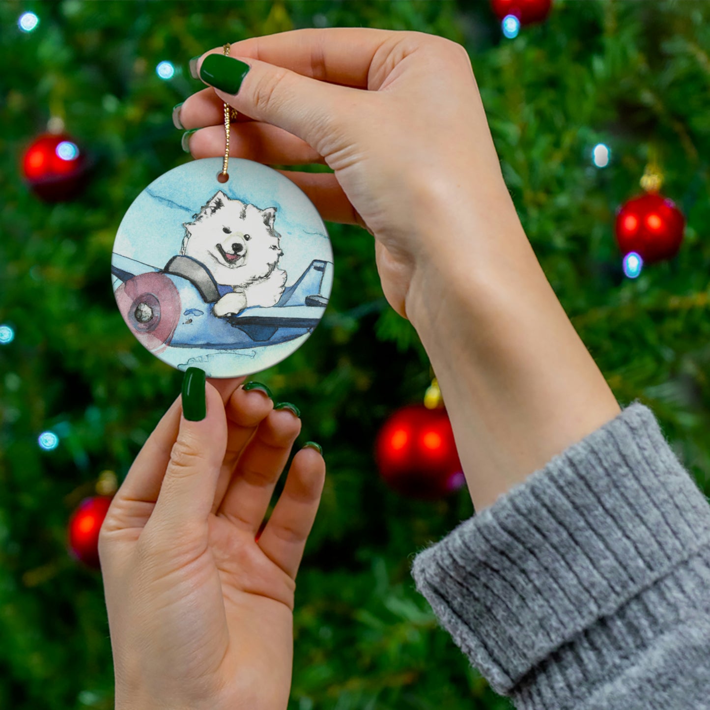 Airplane Pilot Samoyed Ceramic Ornament