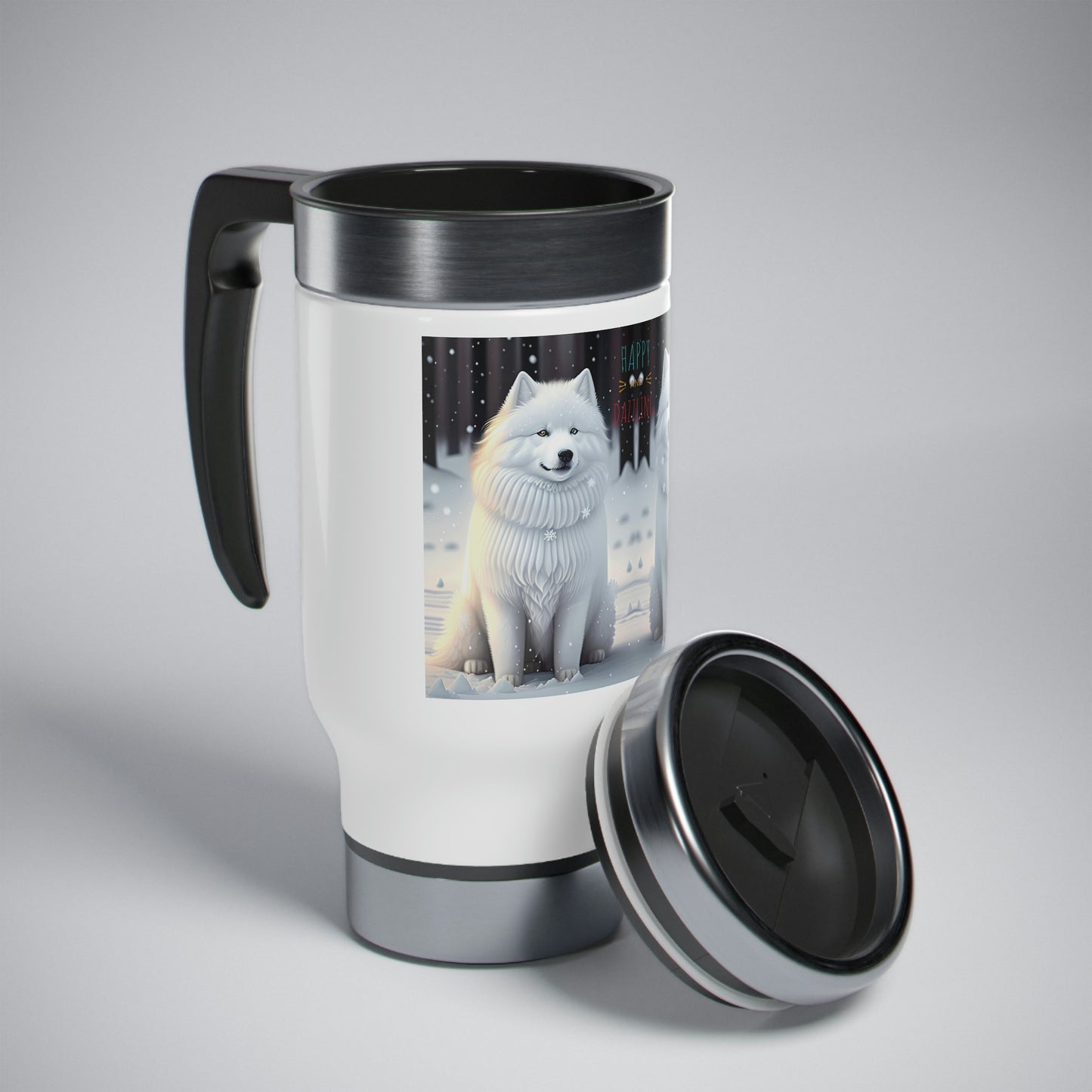 Happy and Dazzling Samoyed Pair Stainless Steel Travel Mug with Handle, 14oz