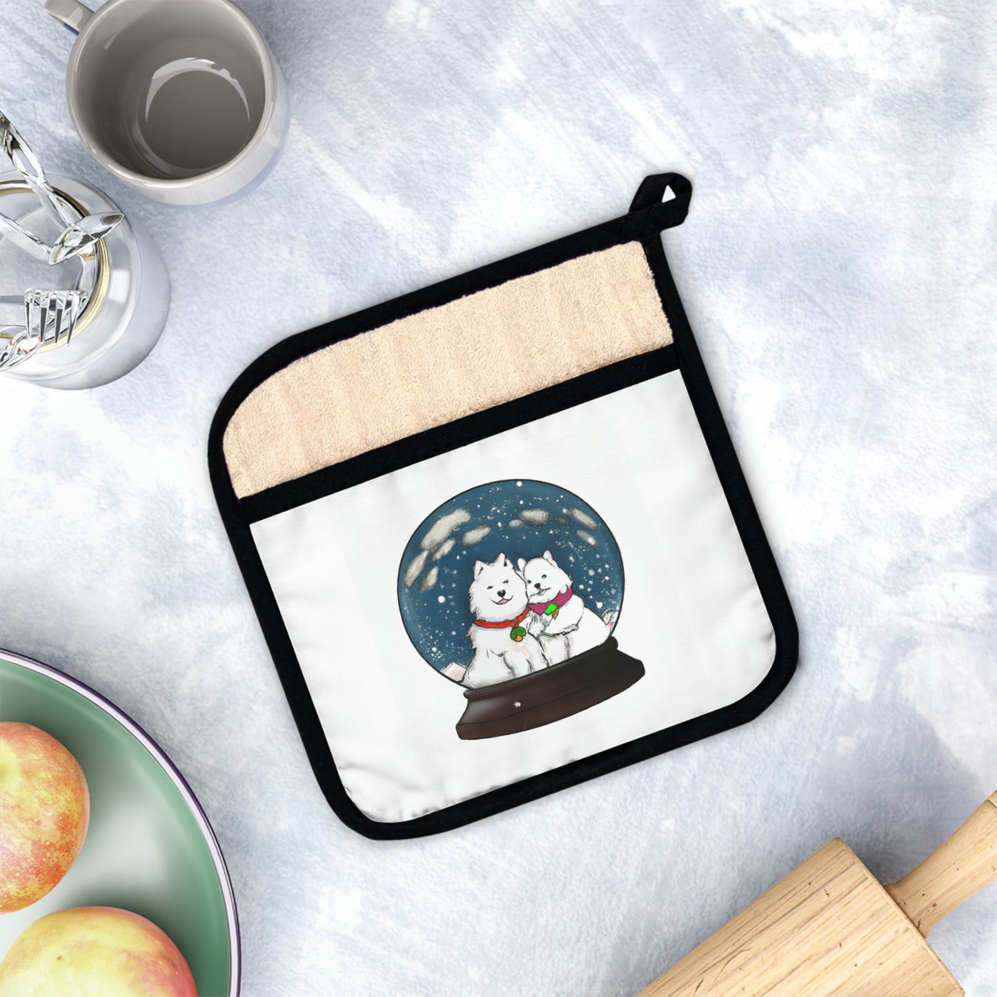 Samoyed Snow Globe: Pot Holder with Pocket