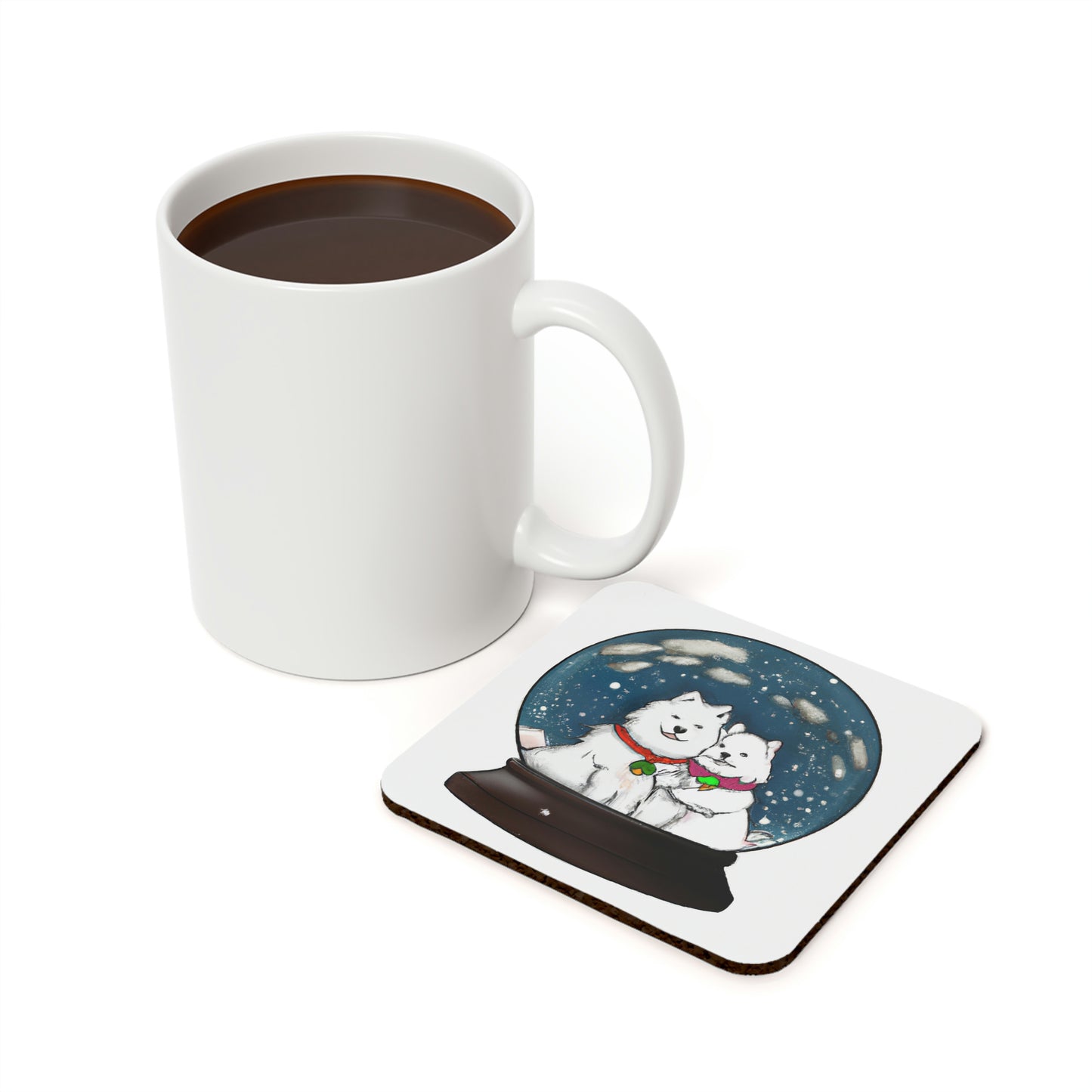 Winter Samoyed Couple Snow Globe: Cork Back Coaster