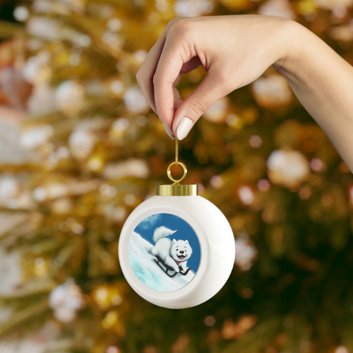 Samoyed Sledding: Christmas Ball Ornament