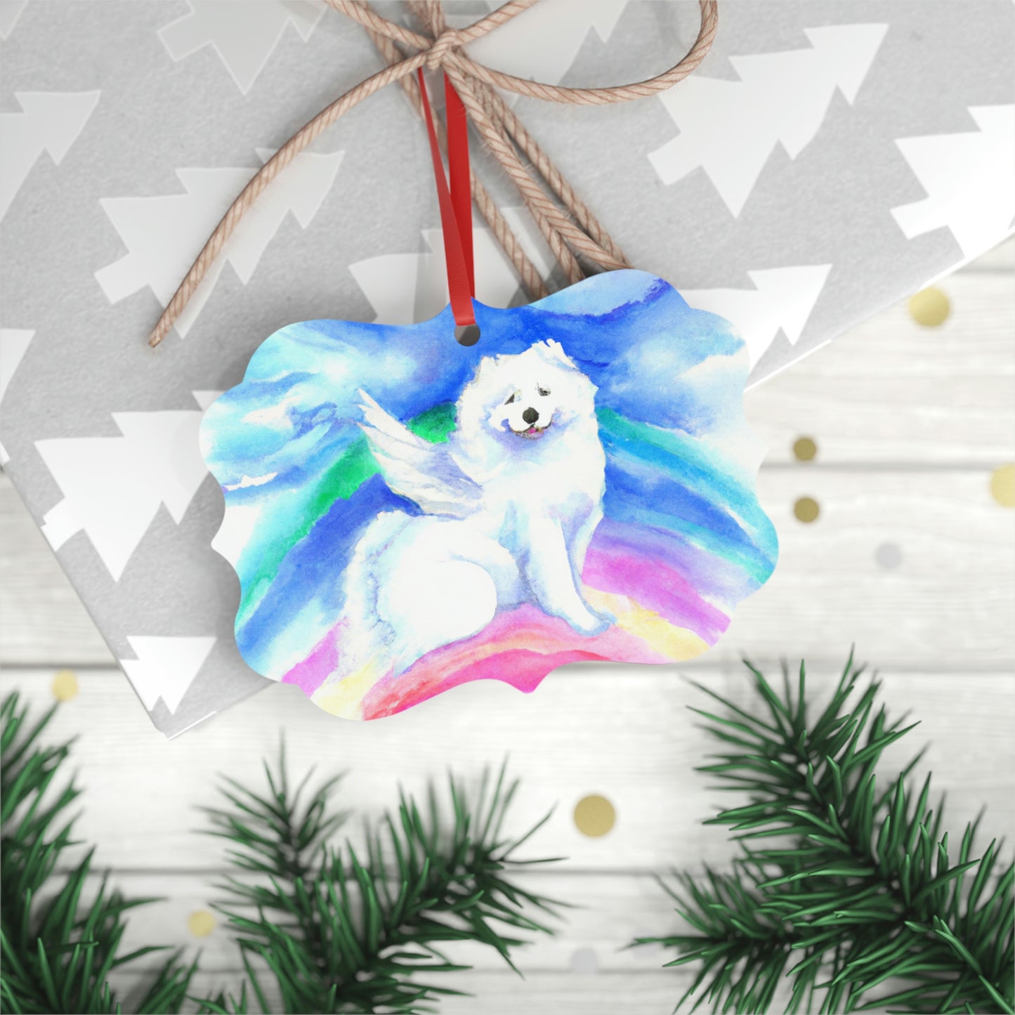 Angel Samoyed Rainbow Memorial: Metal Plaque Ornament