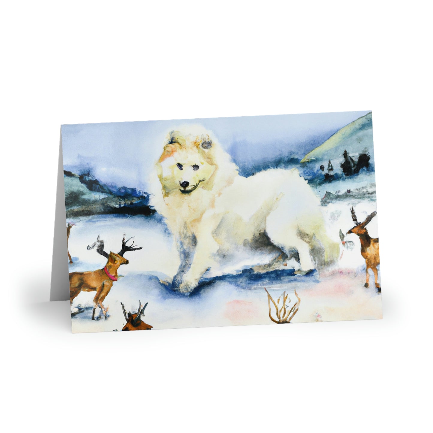 Winter Samoyed with Reindeer: Greeting Cards (1 or 10-pcs)