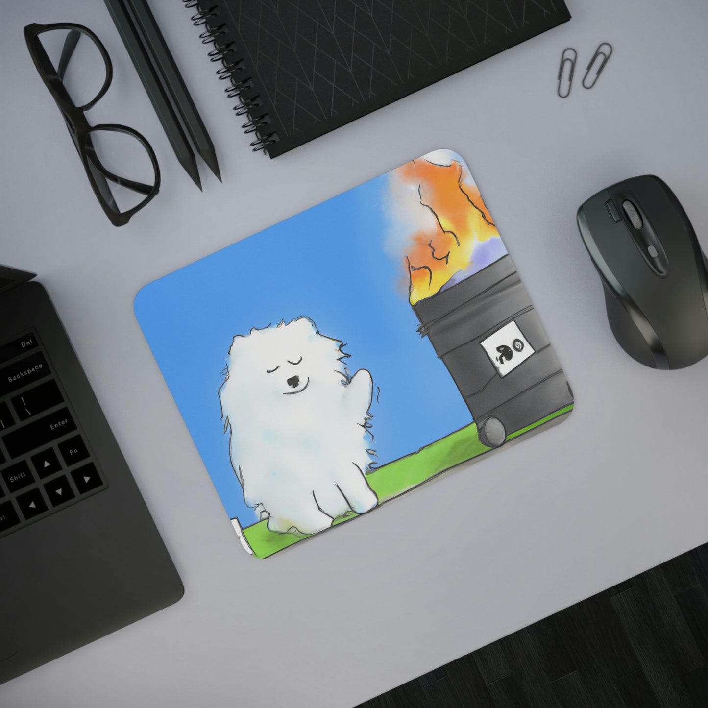 Samoyed Dumpster Fire Desk Mouse Pad