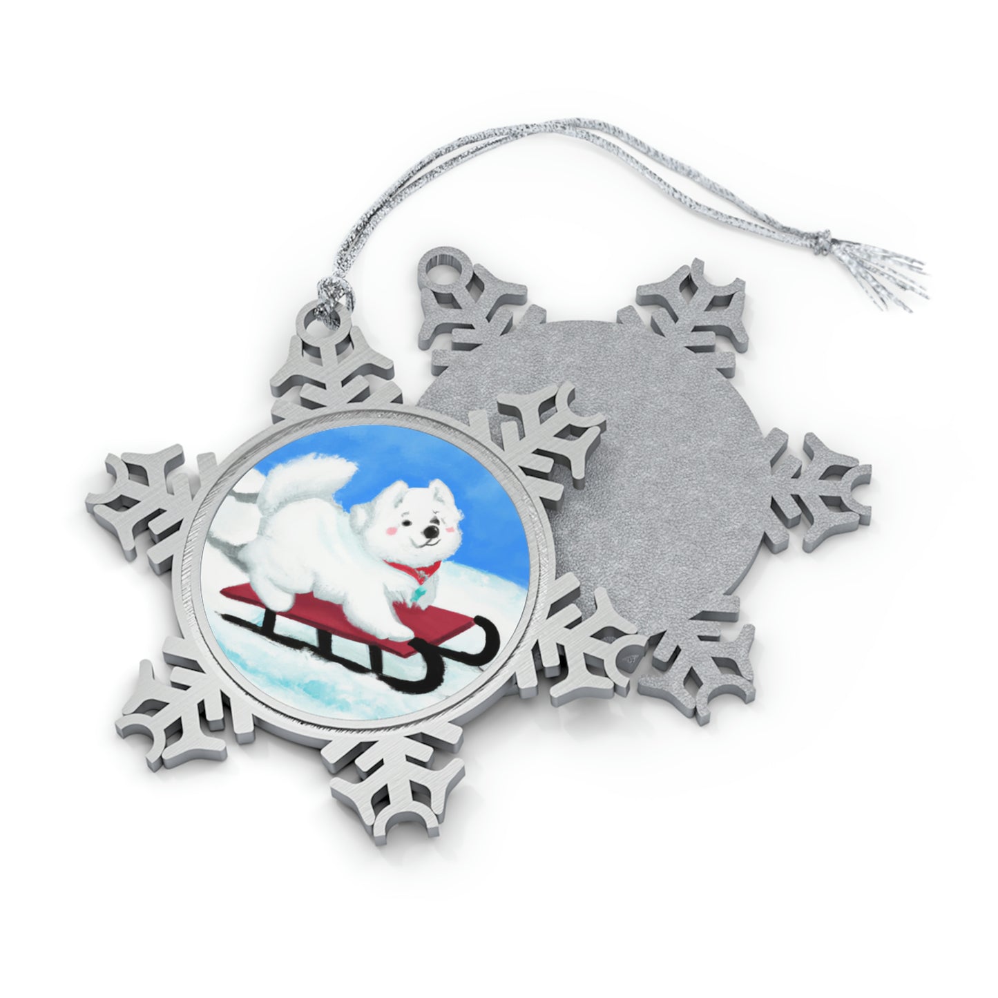 Sledding Samoyed Pewter Snowflake Ornament