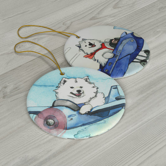 Airplane Pilot Samoyed Ceramic Ornament