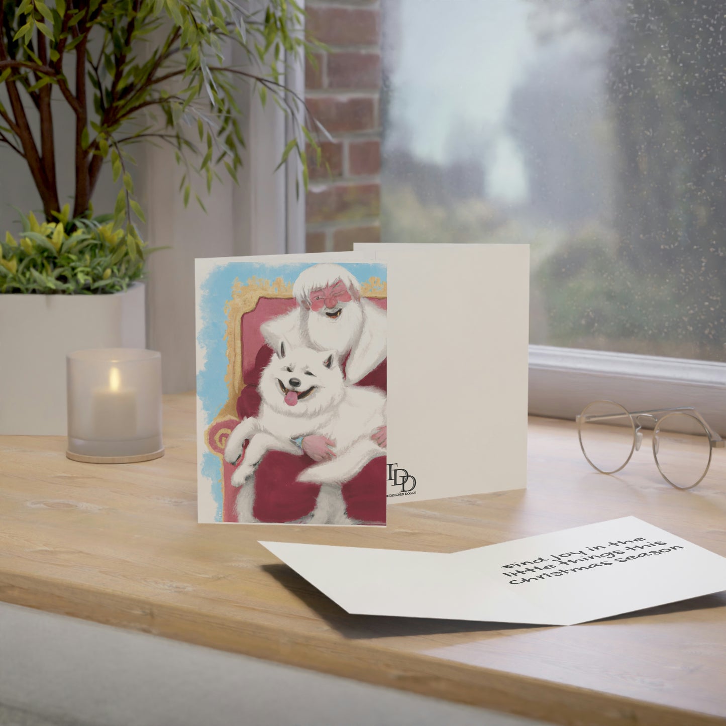 Funny Samoyed with Santa: Folded Greeting Cards (1, 10, 30, and 50pcs)