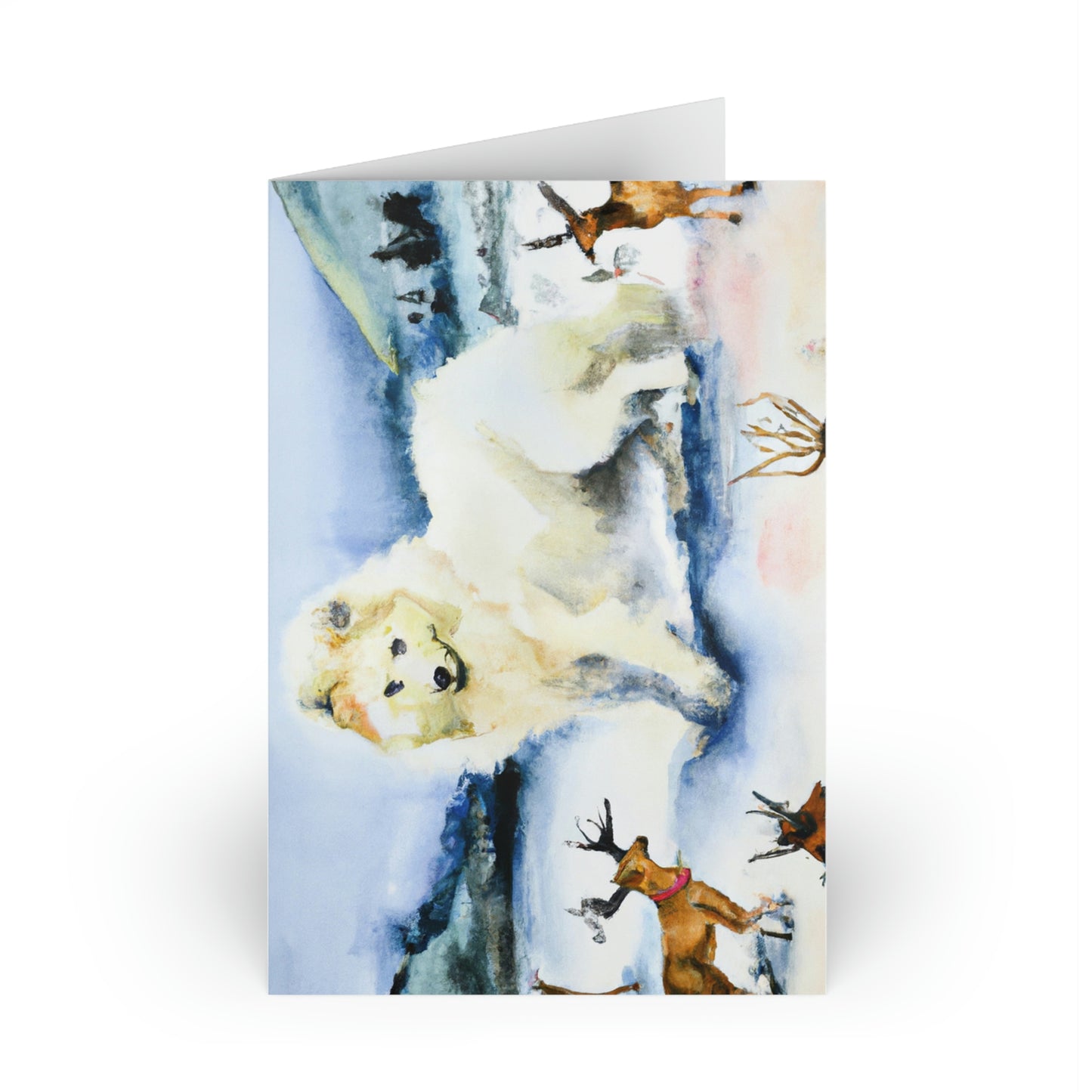 Winter Samoyed with Reindeer: Greeting Cards (1 or 10-pcs)