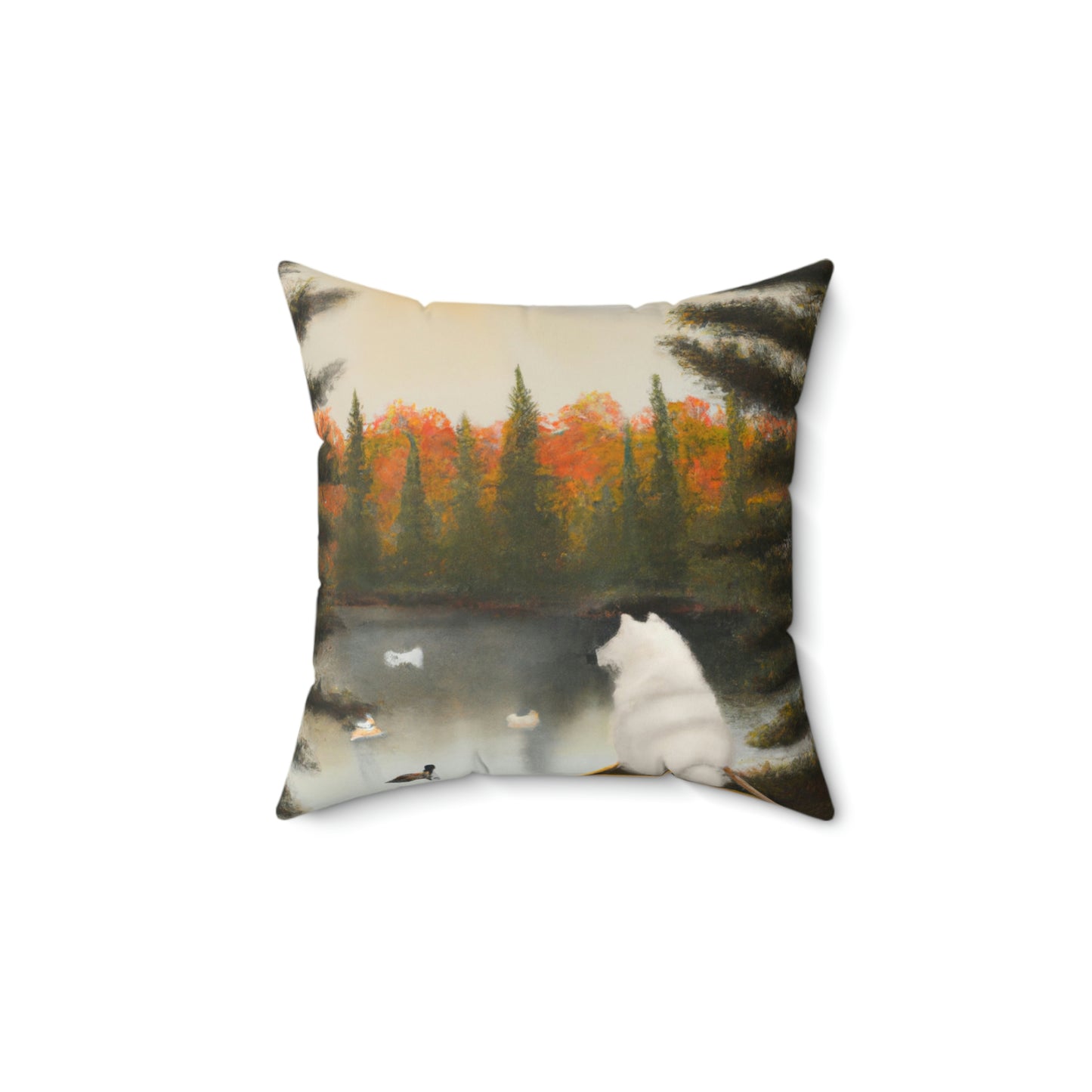 Samoyed on Fall Pond with Ducks: Spun Polyester Square Pillow