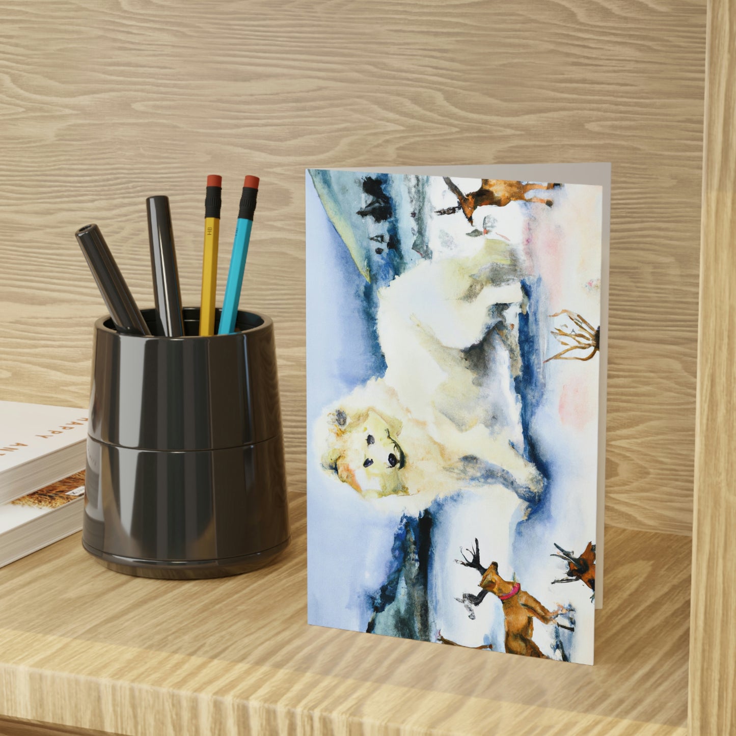 Winter Samoyed with Reindeer: Greeting Cards (1 or 10-pcs)