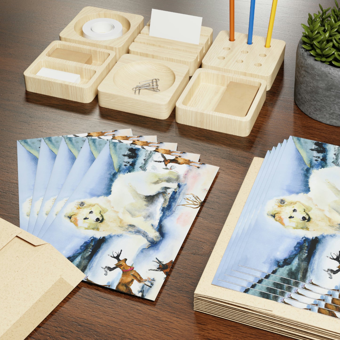 Winter Samoyed with Reindeer: Greeting Cards (1 or 10-pcs)