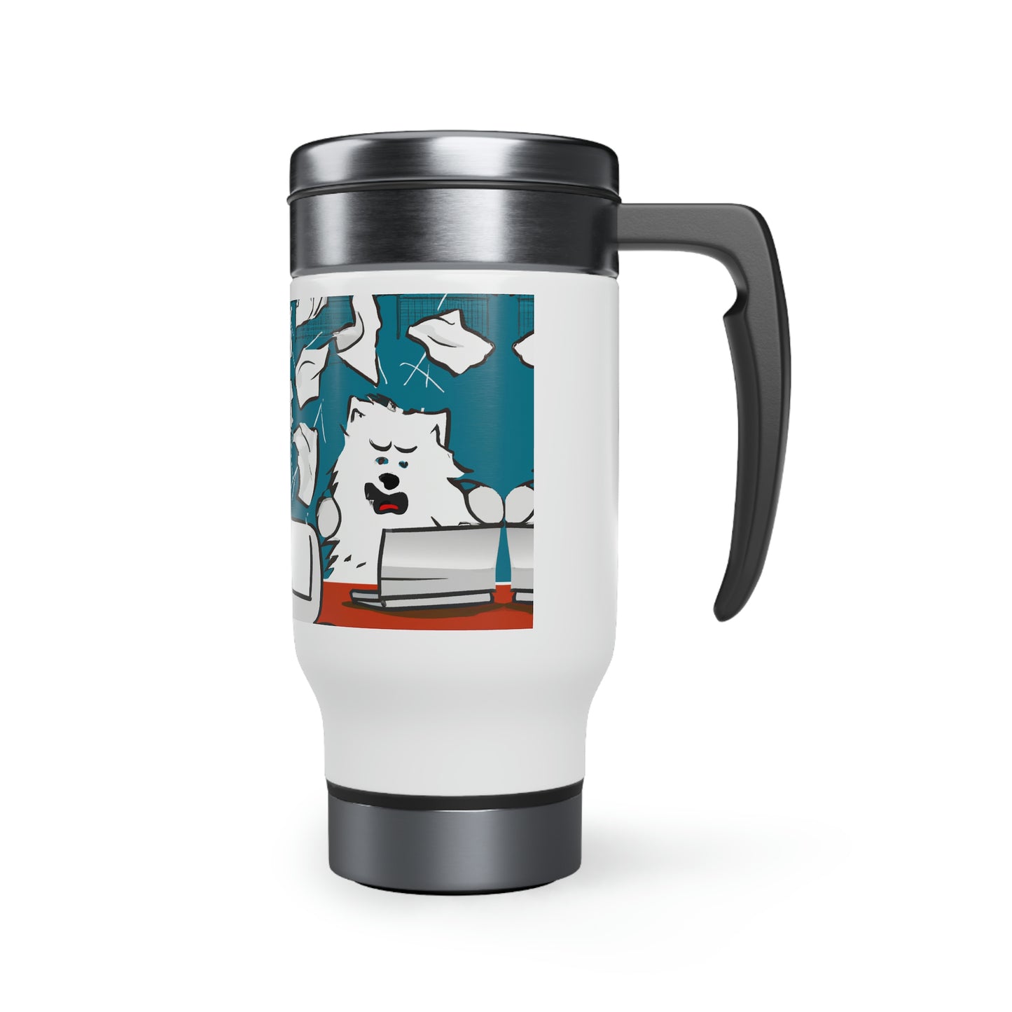 Office Samoyed in Overdrive Stainless Steel Travel Mug with Handle (14oz)