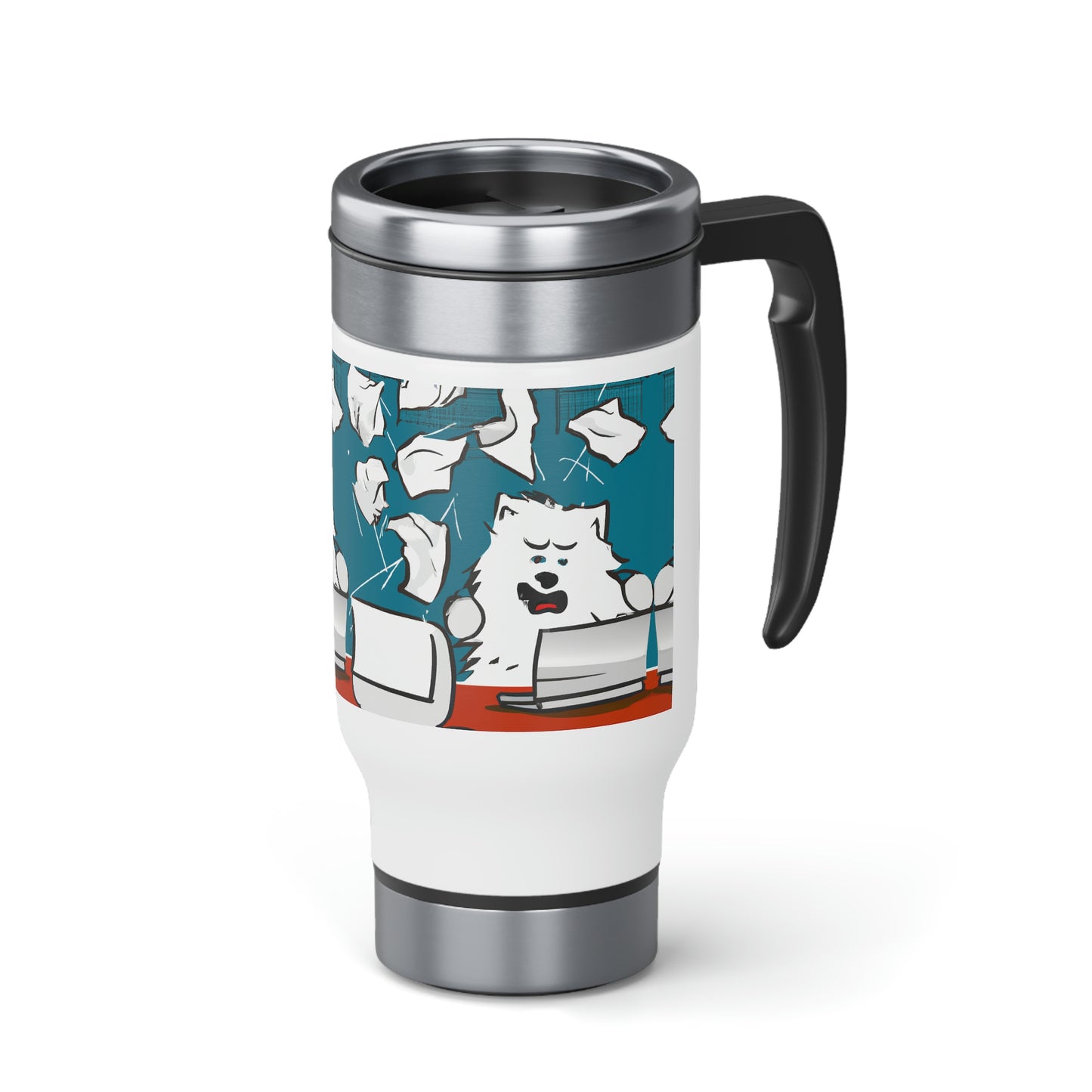 Office Samoyed in Overdrive Stainless Steel Travel Mug with Handle (14oz)