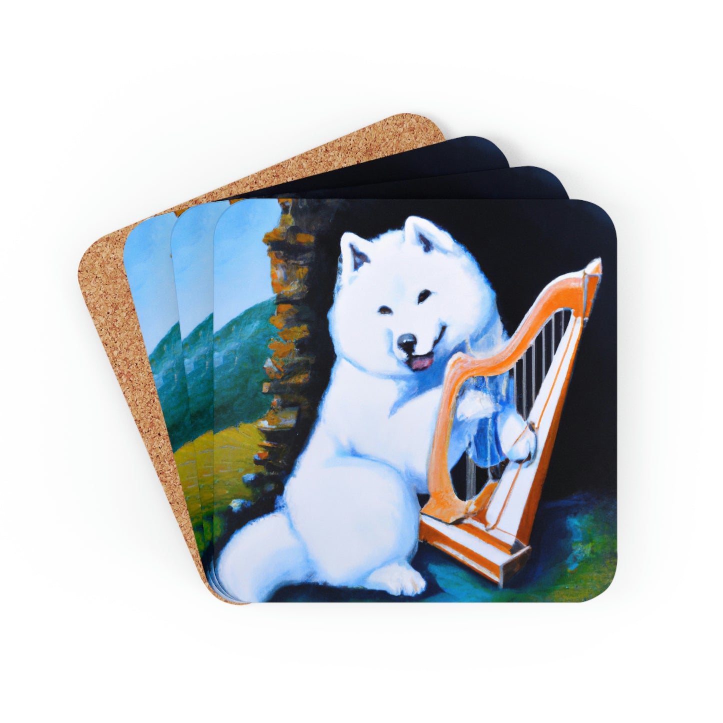 Samoyed Harpist: Corkwood Coaster Set