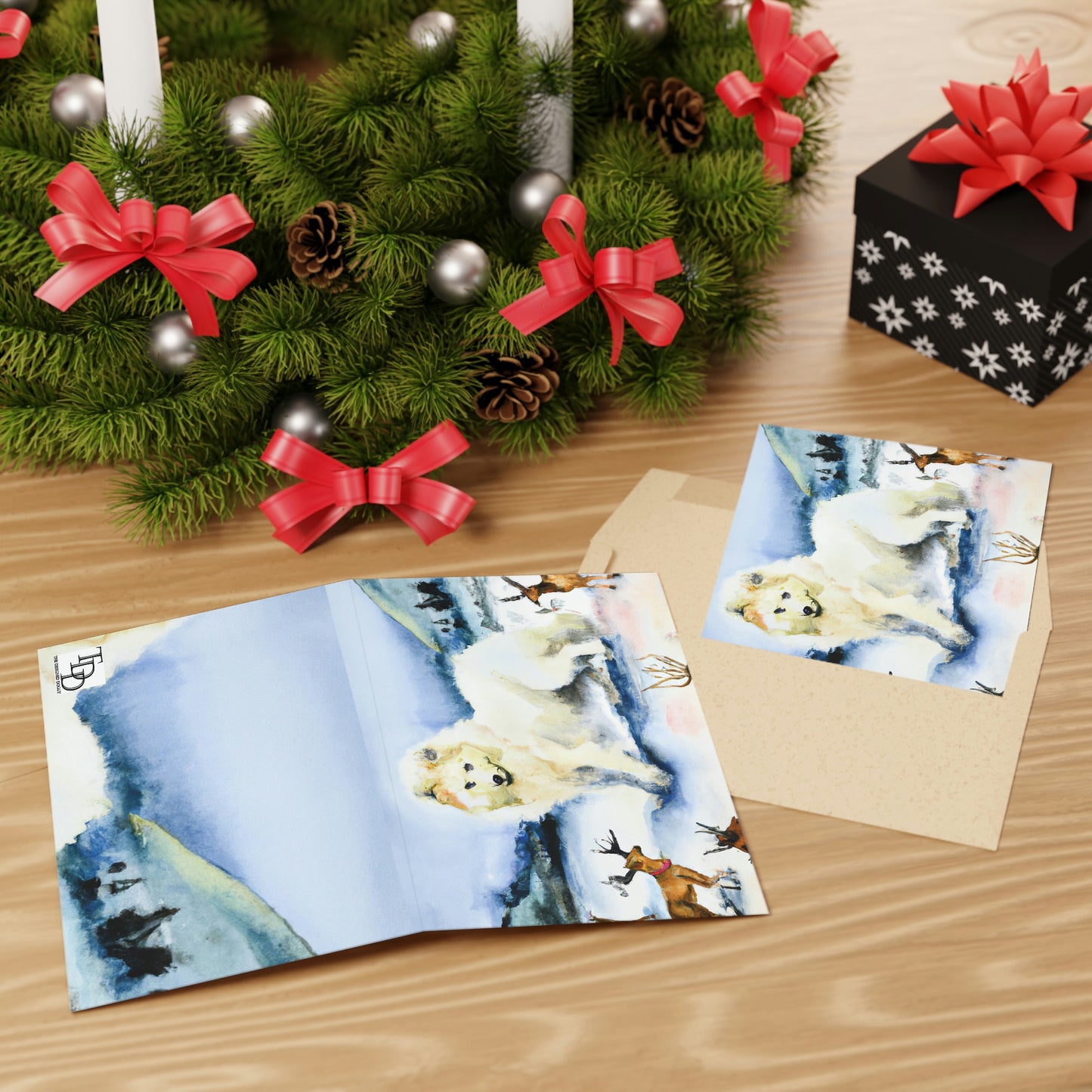 Winter Samoyed with Reindeer: Greeting Cards (1 or 10-pcs)