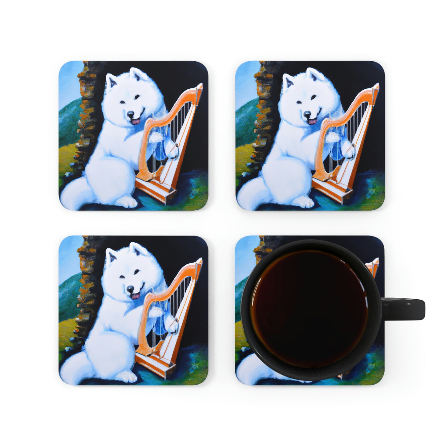 Samoyed Harpist: Corkwood Coaster Set